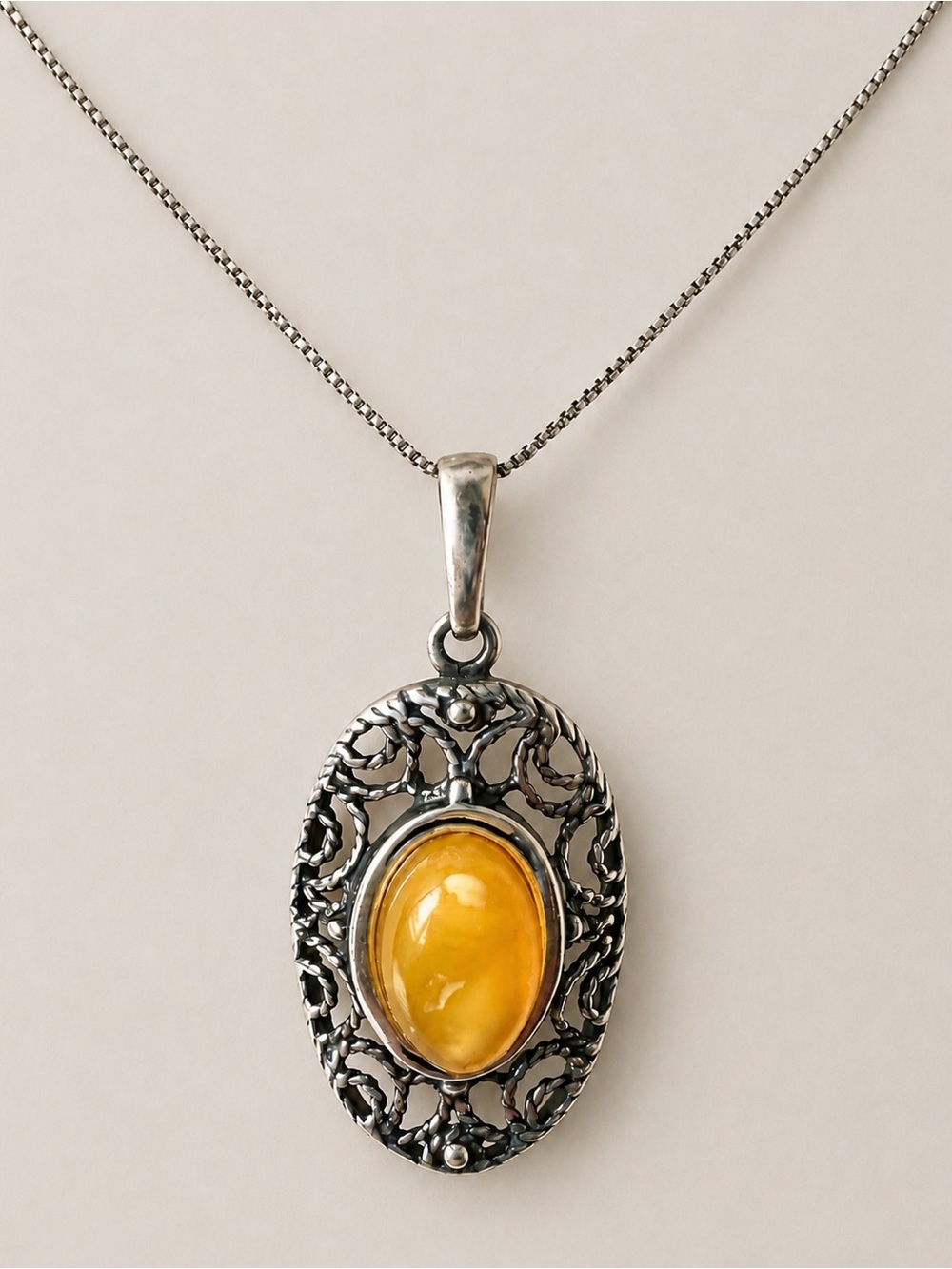 925 Sterling Silver Yellow Cabochon Ornate Filigree Pendant
